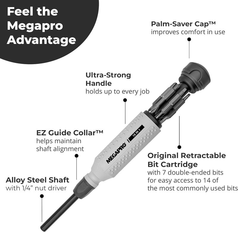 Megapro ® 15-in-1 Original Multi-bit Screwdriver | Home DIY & Repair | Construction | Tradeswork | 14 Industrial-grade bit tips | 1/4" Hex Drive in shaft (Original NAS Light Grey/Charcoal) - Image 3